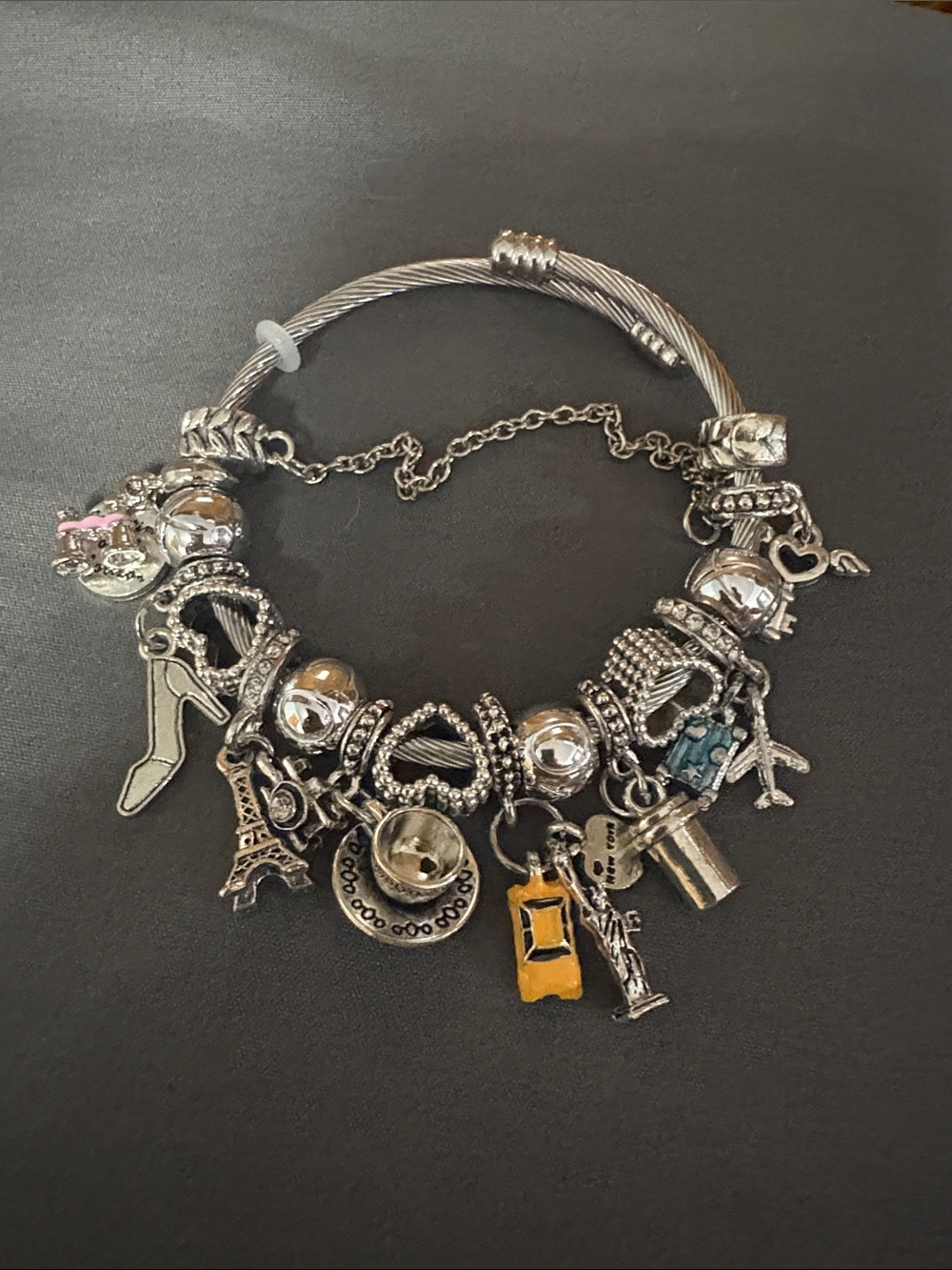 Silver Custom Multi-Charm Women’s Bracelet with Yellow Taxi Accent